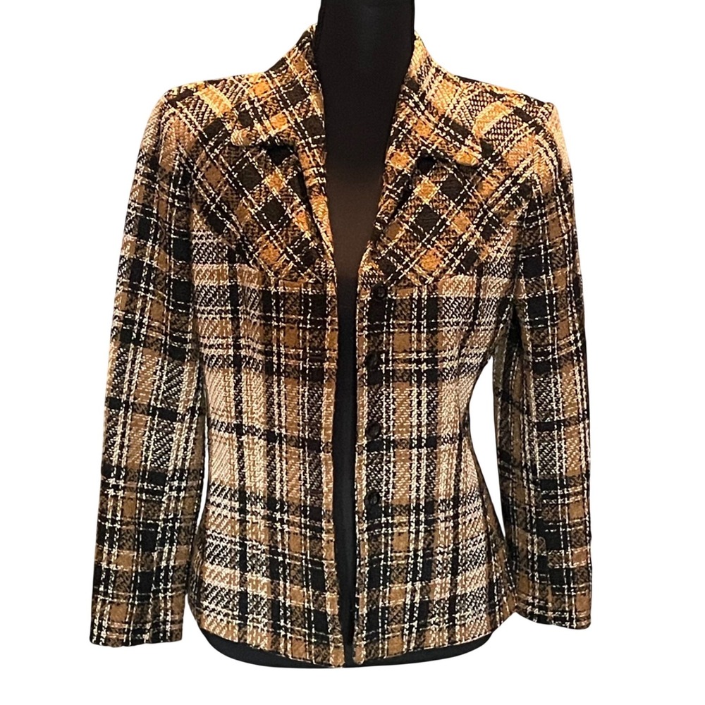 Vintage Brown Black Plaid Wool Blend Blazer Jacket Sz 2 Petite Dark Academia